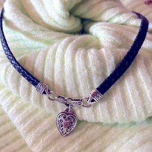 Brighton King’s Road Retired Black Leather and Silver heart necklace.  16”-18”